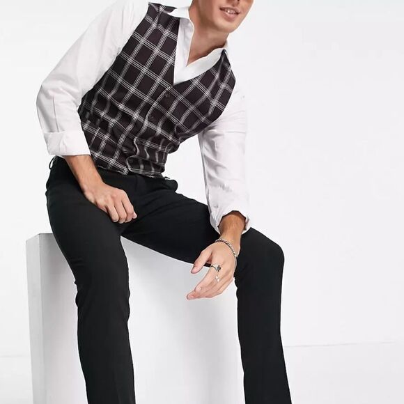 ASOS DESIGN skinny suit vest with window check in burgundy - Picture 1 of 7